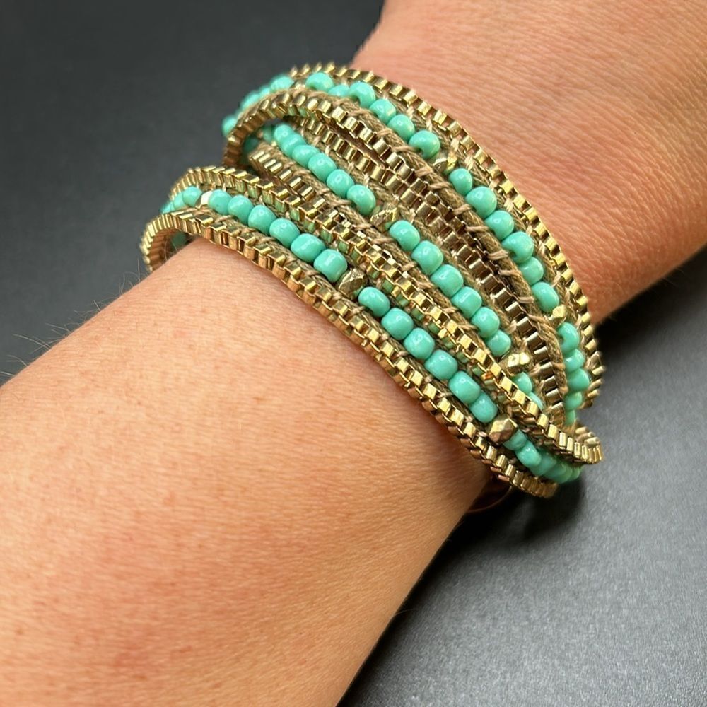 Set of‎ Two Leather Wrap Beaded Bracelets Gold Tone Turquoise & Coral - Picture 6 of 7